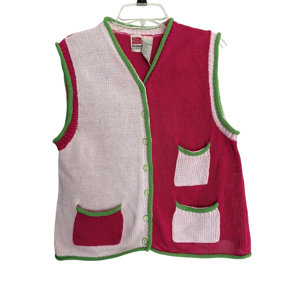 Marisa Canvas Vintage Pink White Green Colorblock Knit Vest Ramie Cotton Large